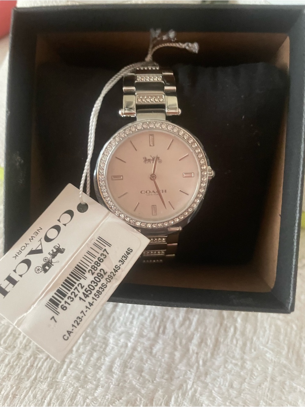 Coach Silver-Tone Bracelet Watch with Pink Dial and Crystal Bezel